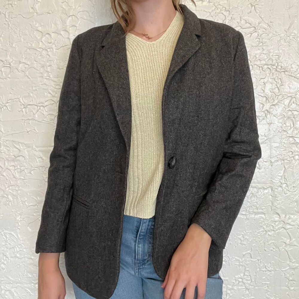 Wool Blazer Vintage Warm Jacket Women's 8P Grey Minimalist 90s